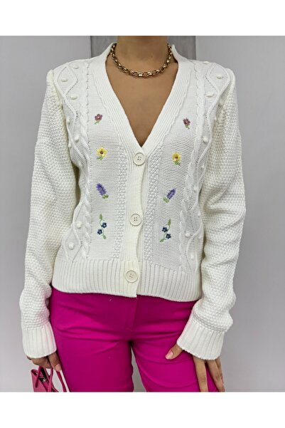 Modamorfo Pompom Flower Embroidered Knitwear Cardigan - Ecru