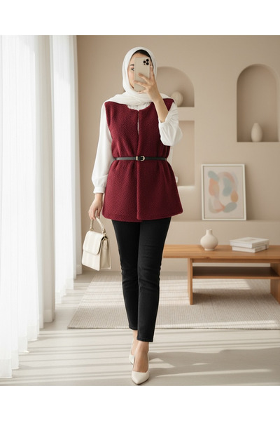 Modamorfo Beli Belted Double Pocket Lined Plush Vest - Burgundy