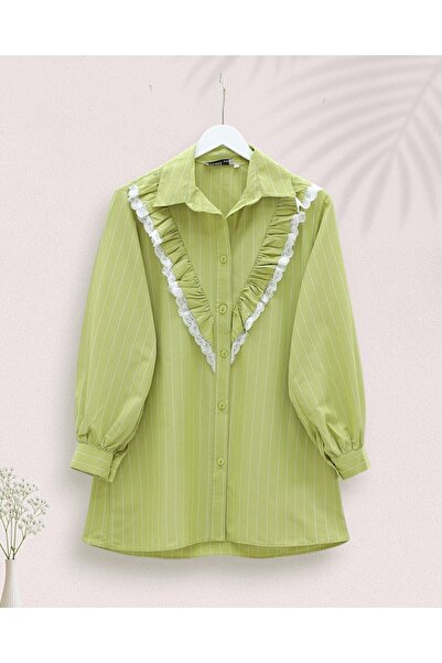 Modamorfo Πουκάμισο με ριγέ μπούτι με κουμπιά μπροστά με δαντέλα - Fat Green