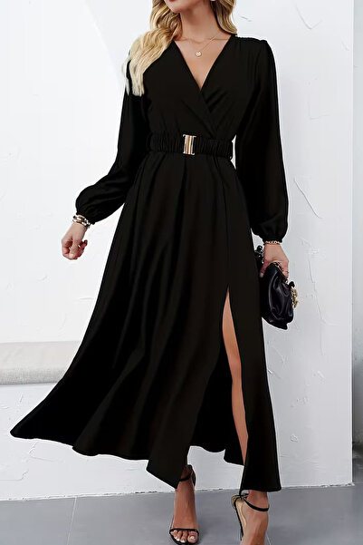 1fazlası Siyah Kruvaze Yaka Uzun Kollu Maxi Elbise Yırtmaç Detaylı Beli Kemer...