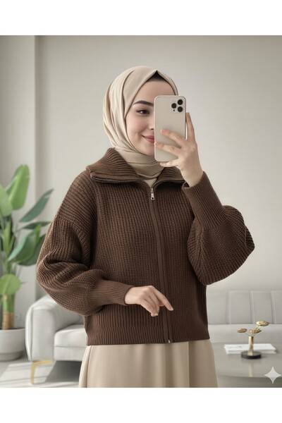 Modamorfo Half-Thigh Zippered Knit Cardigan - Brown