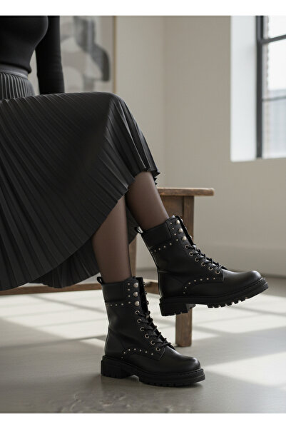 stato Kadın Siyah Vegan Deri Bot Trok Detaylı Şık Tasarım ve Modern Çizgi