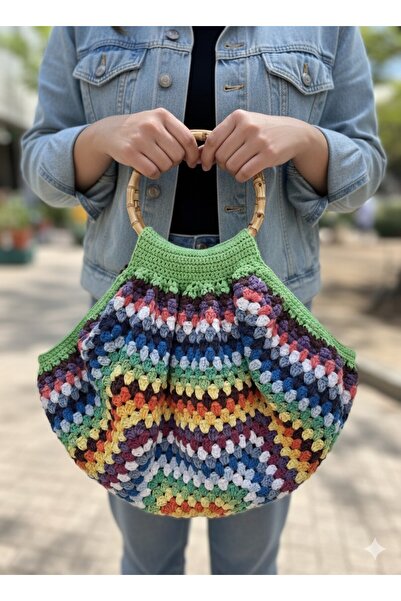 Artepieza co. 34x36 Çok Renkli Koton İplik Astarlı Bambu Saplı Çanta-Koton El...
