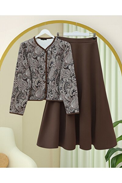 Modamorfo Ethnic Patterned Ball Button Scuba Suit - Brown