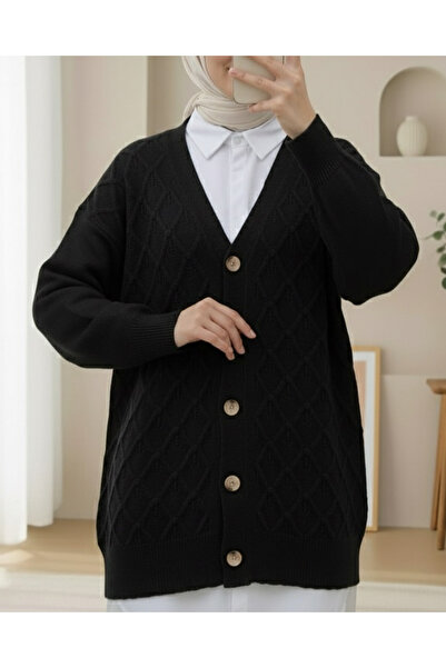 Modamorfo V-Neck Large Button Patterned Knitwear Cardigan -Black