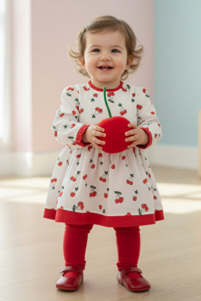 Bertuğ Bebek فستان بناتي من القطن باللون الأحمر والأبيض منقوش باللون الكرزي