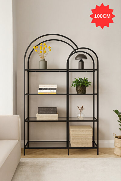 DEKOPRATİK Twin Metal Kitaplık - Siyah Füme Camlı Dekoratif Aksesuar Rafı Mutfak Rafı