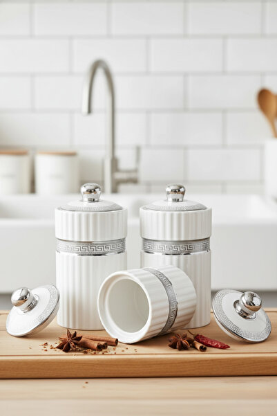 Vadi Enzo Elegant Silver Detailed Metal Stand 7-Piece White Porcelain Spice Set