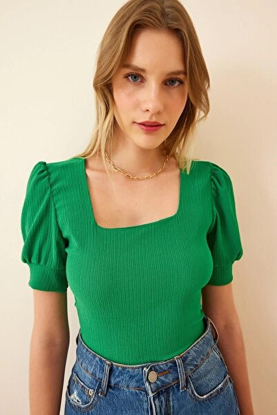 comstar Women's Short Sleeve Square Neck Summer Basic Tight Green Blouse