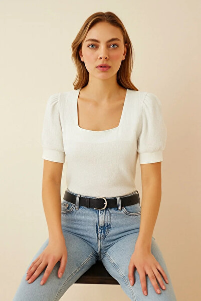 comstar Women's Short Sleeve Square Neck Summer Basic Tight White Blouse