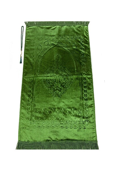 İhvan Green Thick Velvet - Gift Prayer Rug with Dowry and Sponge