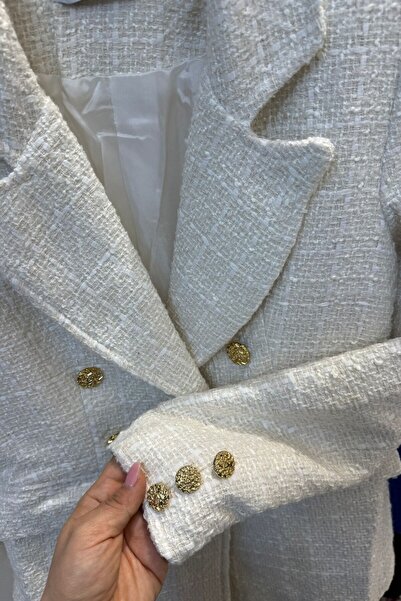 Suziş Білий золотий ґудзик, двобортний білий твідовий піджак key35793