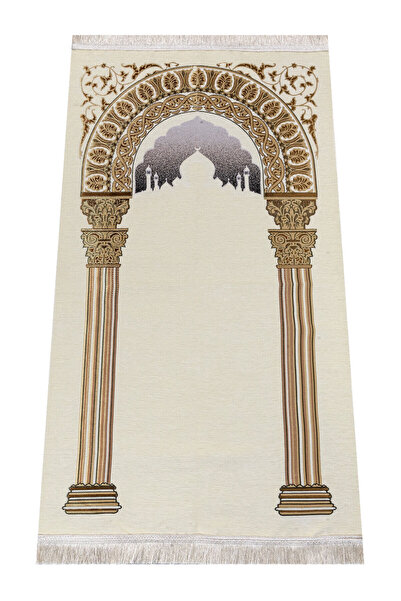 İhvan سجادة صلاة من الشنيل بتصميم تاج محل - لون كريمي