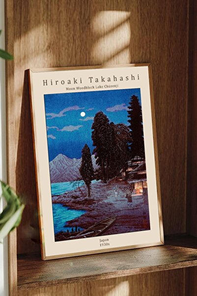 Taranist Kağıt Poster Hiroaki Takahashi - Moon Woodblock Lake Chizenji - 30x4...