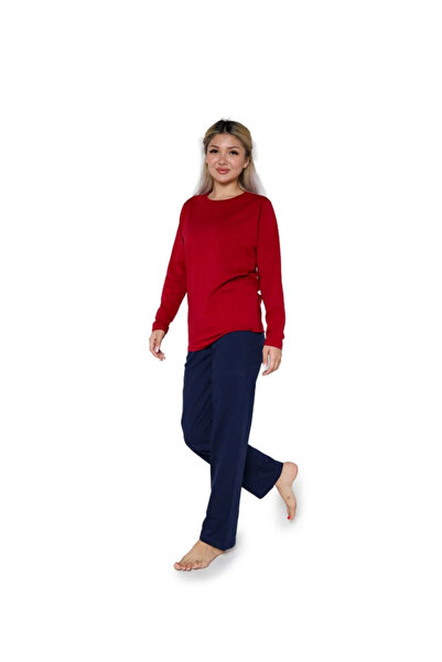 Akbeniz Claret Red Combed Cotton Pajama Set - Long Sleeve Women's 41110