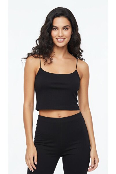 ACTRİS Siyah Ip Askılı Crop Top Astarlı Büstiyer Bluz