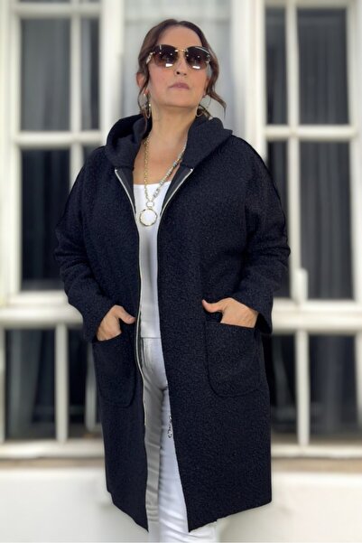 yagmurberen Hooded Bag Pocket with Zipper Large Size Curly Bouquet Coat