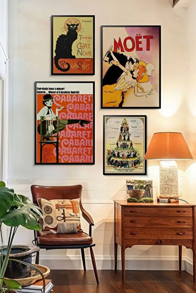 Taranist Kağıt Poster 4 Adet Vintage Mucha Black Noir Cat Kuşe Kağıt Poster