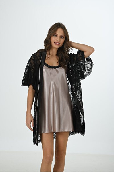 MOONGIRL KADIN SATEN SİYAH PUDRA DANTELLİ SABAHLIK GECELİK TAKIM
