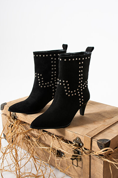 es exello Μπότες από μαύρο σουέτ με λεπτό τακούνι και λεπτομέρεια Trok