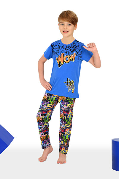 vitmo Set pijama cu mânecă scurtă pentru baieti model Wow bleumarin