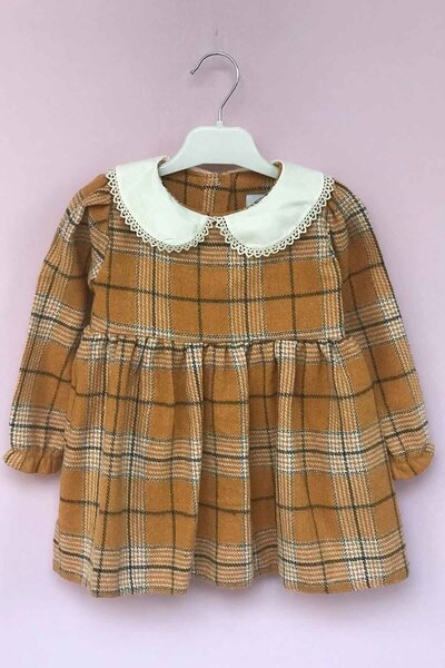 Bertuğ Bebek Mustard Plaid Lumberjack Fabric Girl's Baby Winter Dress