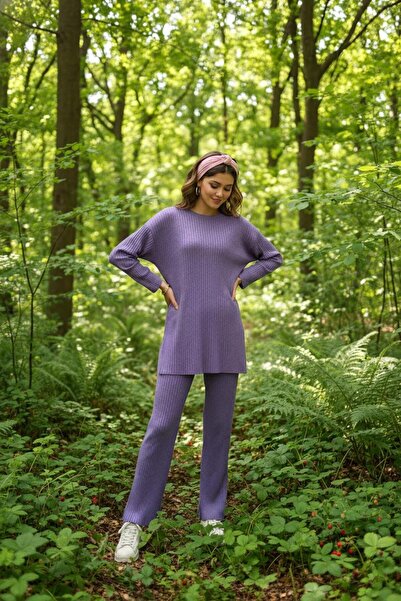 EYYE Lila pamut bordás női blúz nadrág kétrészes szett