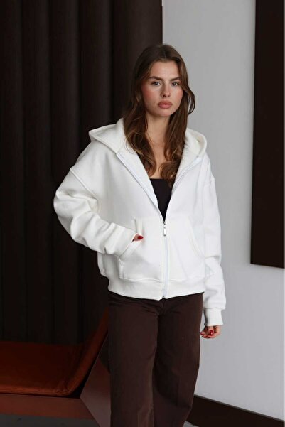 Patreon سترة نسائية ناعمة من الصوف بثلاثة خيوط كبيرة الحجم بقلنسوة وسحاب