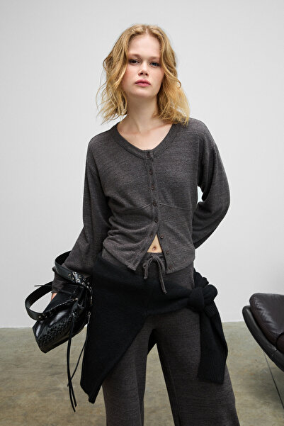 GRIMELANGE Clarita Women's Soft and Flexible Fabric Fitted Waist Buttoned Crop Dark Gray Cardigan