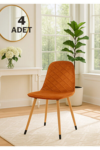 Estelia Truva Sandalye Doğal Ahşap Ayak / Taba 4'lü Takım Sandalye