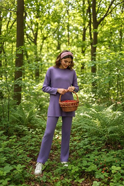 EYYE Lila pamut bordás női blúz nadrág kétrészes szett