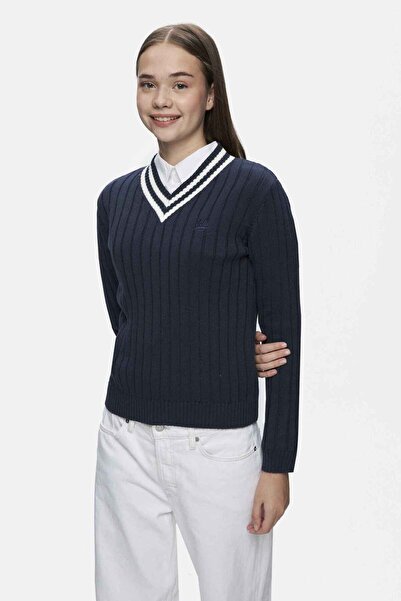 UCLA Pinellas Navy Blue V-Neck Jacquard Standard Fit Women's Knitwear