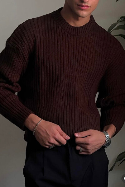 Tarz Cool Мъжки кафяв пуловер с релефна плетка
