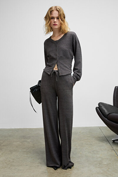 GRIMELANGE Clarita Women's Soft and Flexible Fabric Fitted Waist Buttoned Crop Dark Gray Cardigan