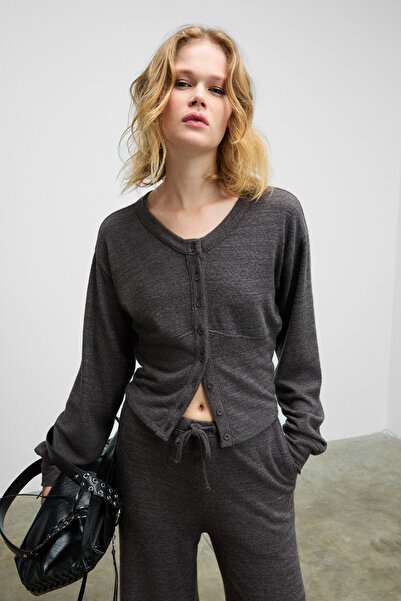 GRIMELANGE Clarita Women's Soft and Flexible Fabric Fitted Waist Buttoned Crop Dark Gray Cardigan