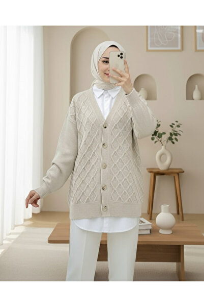 Modamorfo V-Neck Large Button Patterned Knitwear Cardigan -Stone