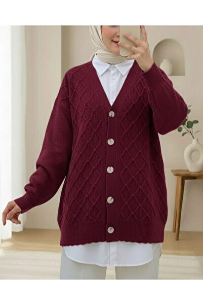 Modamorfo V-Neck Large Button Patterned Knitwear Cardigan - Burgundy