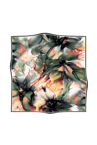 Vissona Σμαραγδένιο Πράσινο Λουλούδι Μοτίβο Μεταξωτό Βαφής - Μουσταρδί, 100% Τσάντα, 90x90 Κασκόλ Ραμμένο στο χέρι D