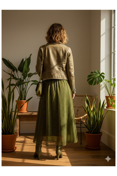 Namaste Vintage Khaki Print Asymmetric Model Long Chiffon Skirt with Elastic