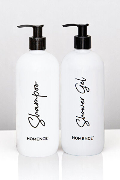 homence 2'li Şampuan Duş Jeli Baskılı Plastik Şişe Banyo Seti Beyaz Sabunluk ...
