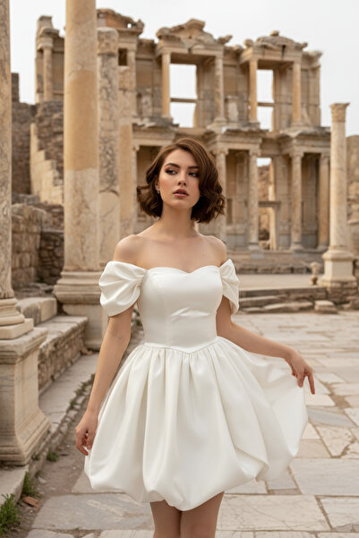 berissima bride Saten After Elbise, Kırık Beyaz, Balon Etek, Düşük Kol, Kalp Yaka, Anastasia