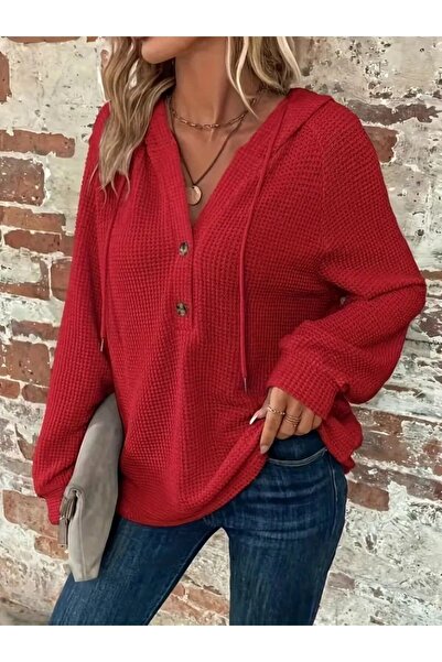 babatr.com Women's Long Sleeve Hooded Front Buttoned and Lace-Up Waffle Blouse