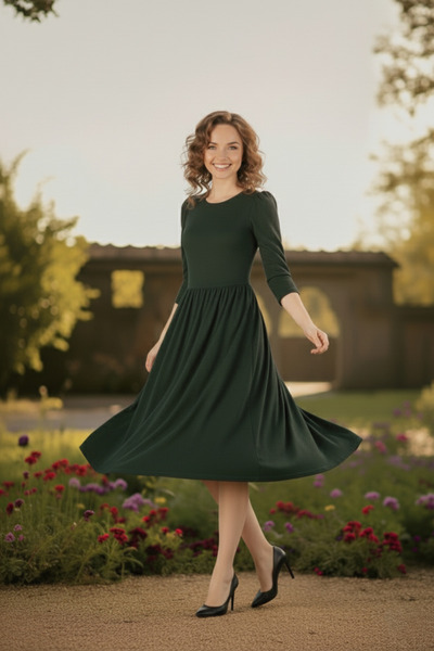 Avones Πλεκτό μάλλινο φόρεμα με μπαλόνι βισκόζης με κορδόνι στη μέση Χακί