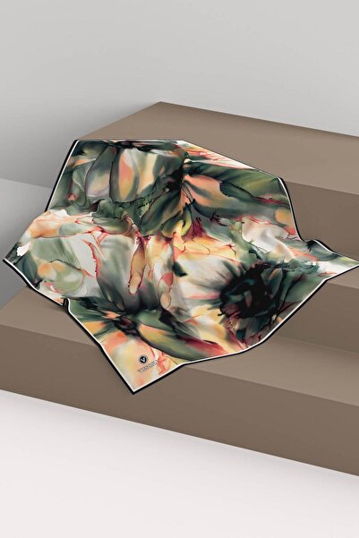 Vissona Σμαραγδένιο Πράσινο Λουλούδι Μοτίβο Μεταξωτό Βαφής - Μουσταρδί, 100% Τσάντα, 90x90 Κασκόλ Ραμμένο στο χέρι D