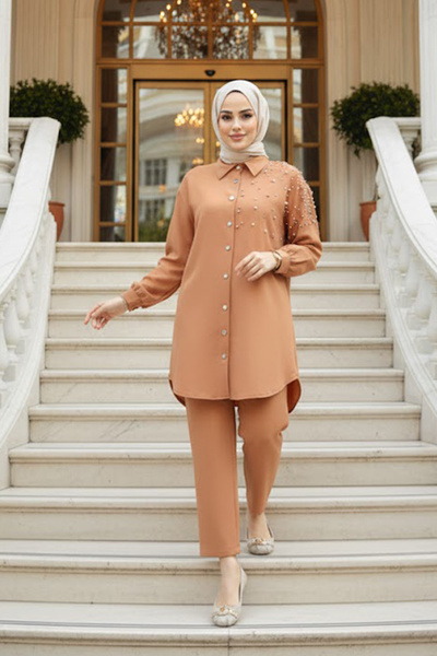 Neva Style Pearl Detailed Biscuit Hijab Double Set 12461BS