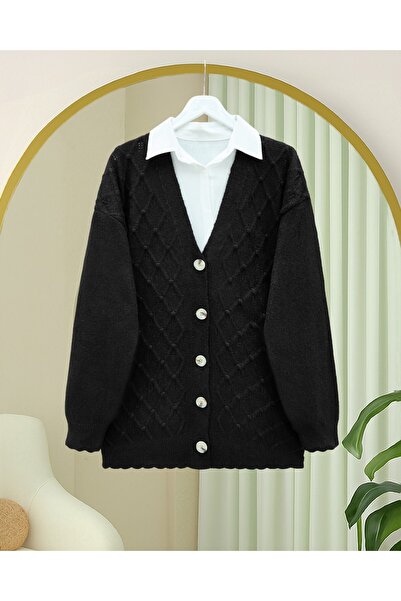 Modamorfo V-Neck Large Button Patterned Knitwear Cardigan -Black