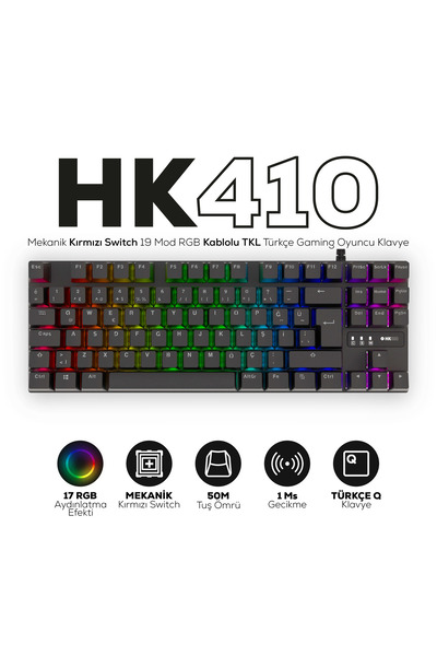 Hawk Gaming Chair HK410 Mekanik Kırmızı Switch 19 Mod RGB Kablolu Siyah TKL Türkçe Gaming Oyuncu Klavye