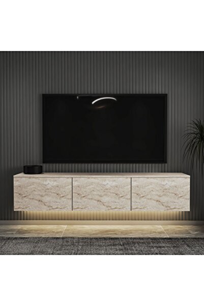 İNARCH DİZAYN Neon LED Işıklı Duvara Monte, 3 Kapaklı TV Sehpası – 160 cm - Modern Tasarım, Traverten Desen