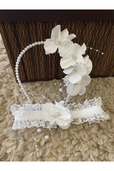 Rengarenk Minikler Coroana Detaliată cu Perlă și Flori Albe pentru Bebe & Bandă pentru Păr – Coroană – Coroană – Coroană