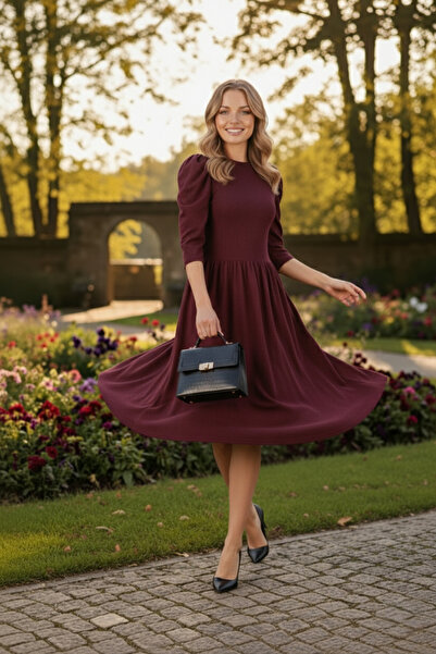 Avones Πλεκτό μάλλινο φόρεμα με μπαλόνι βισκόζης με κορδόνι στη μέση μπορντό